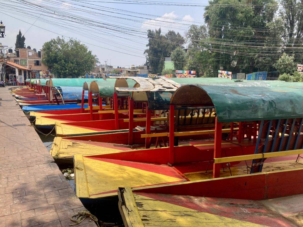 trajineras docked in Xochimilco